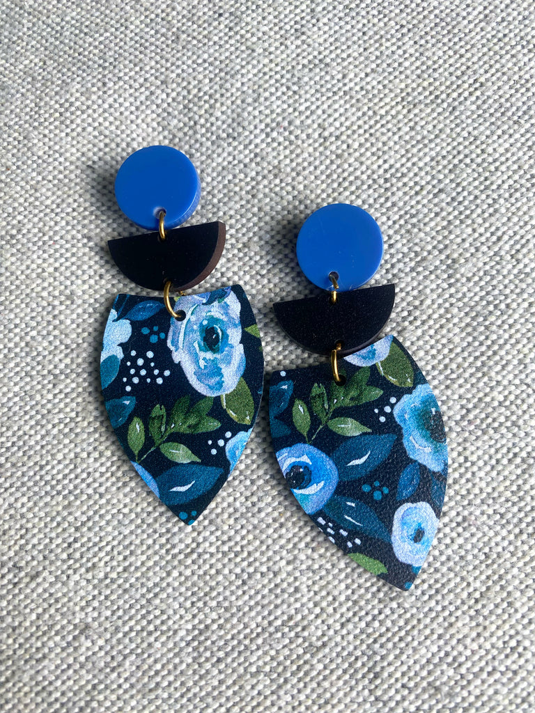 Blue Floral Leather Earrings