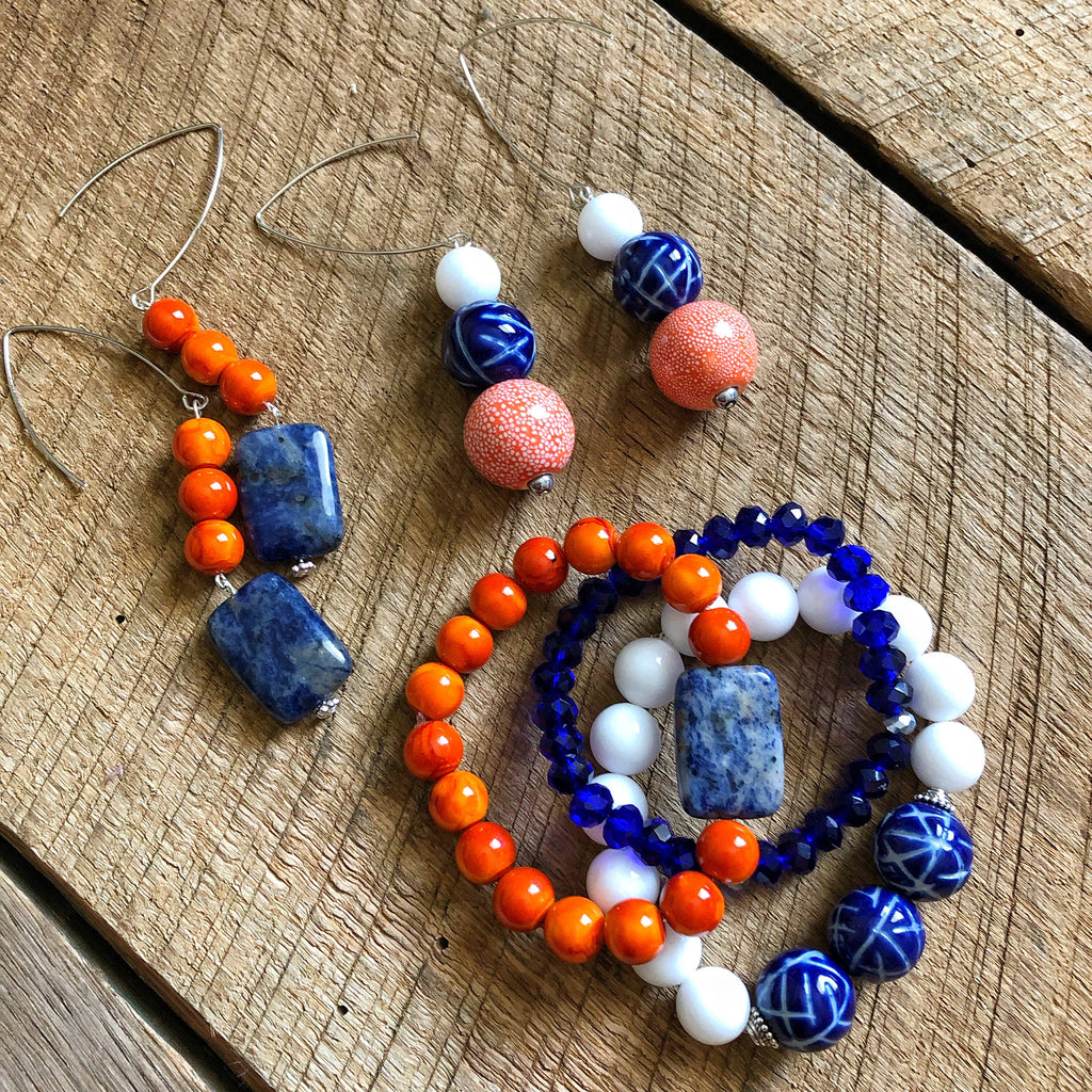 Blue, White and Orange Beaded Earrings