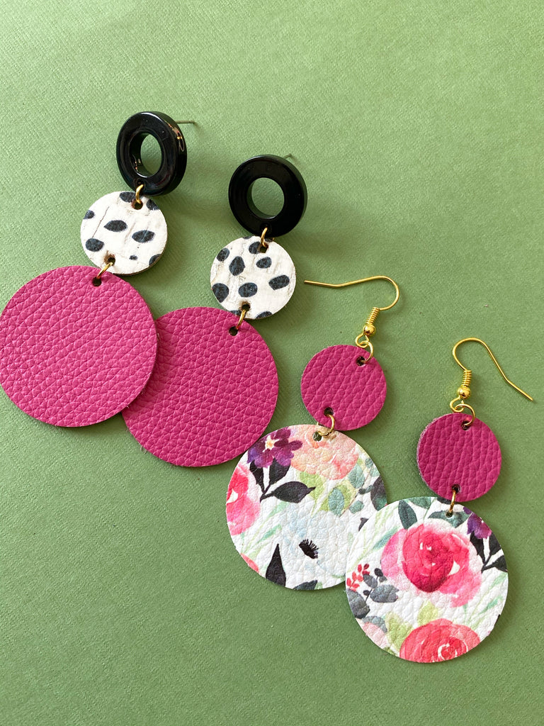 Pink Floral Leather Earrings