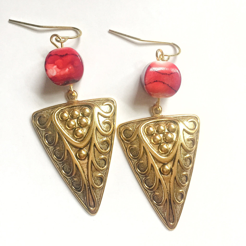 Red and Gold Triangle Earrings