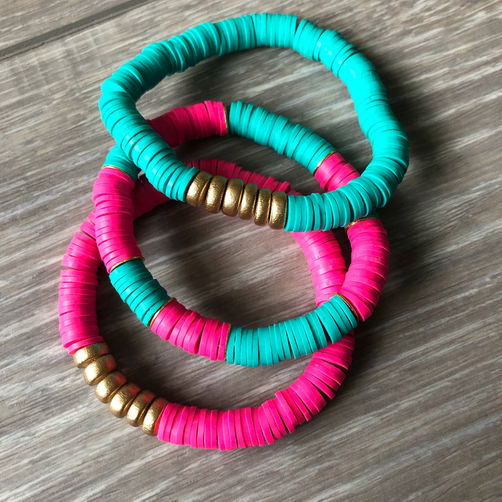 Pink and Turquoise Vinyl Heishi Bead Bracelet